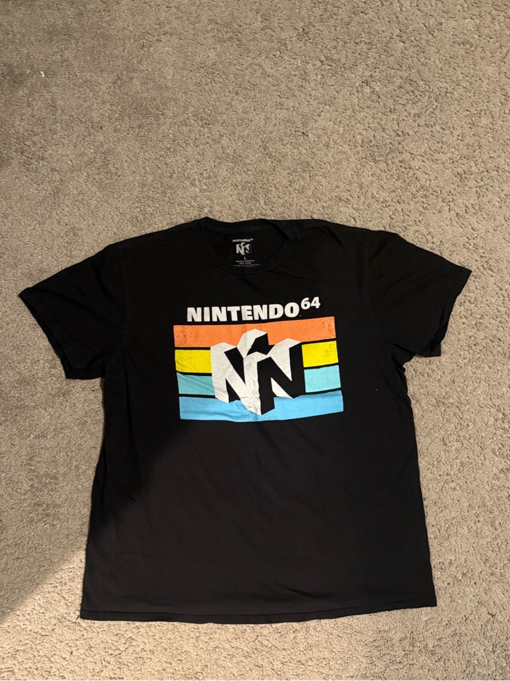Nintendo Black Short Sleeve Tee with Retro Orange Yellow Blue Stripes